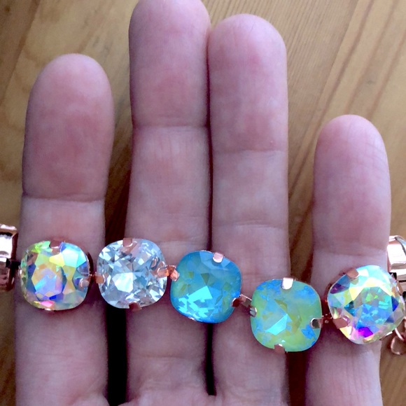 Aquamarine + Peridot AB Cushion Rose Gold Crystal Tennis Bracelet - Picture 7 of 11